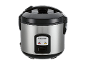 Stainless steel electric rice cooker with black lid and control panel