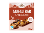Chocolate muesli bar packaging with 8 bars, 24% milk chocolate, 200g.