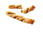 Chocolate puff pastry twists, one broken and two whole.