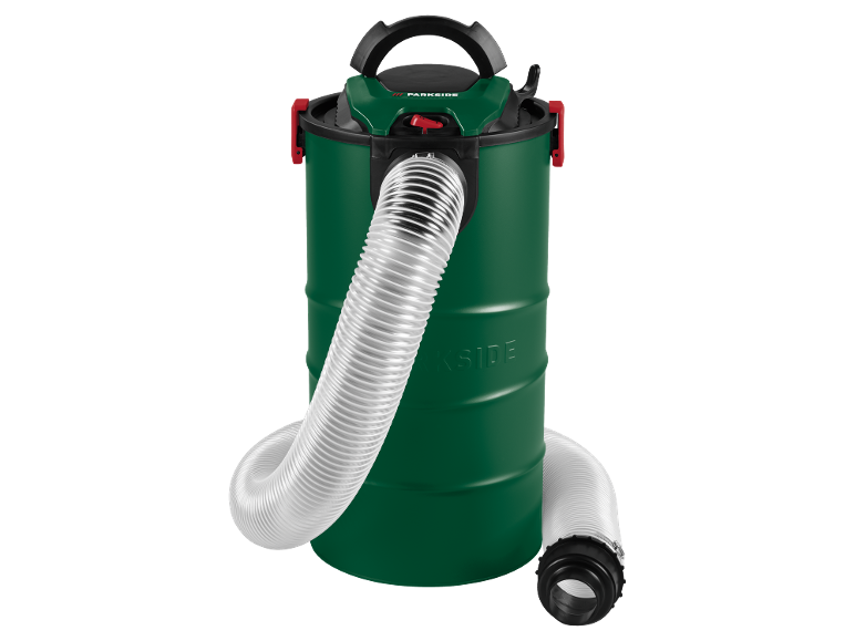 Green industrial vacuum cleaner with a long, flexible hose and a black handle.
