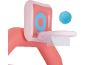 Inflatable basketball hoop in pink and red with a blue ball.