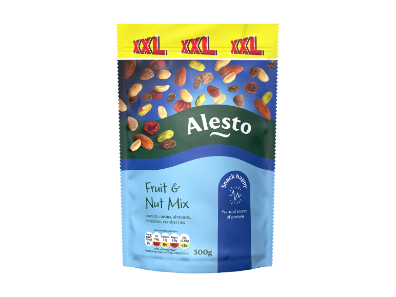 XXL fruit & nut mix bag with peanuts, raisins, almonds, pistachios, and cranberries.