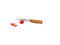 Kitchen knife with a wooden handle slicing a cherry tomato.