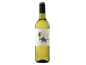 White wine bottle with an illustrated label of an elephant, a couple, and grapes.