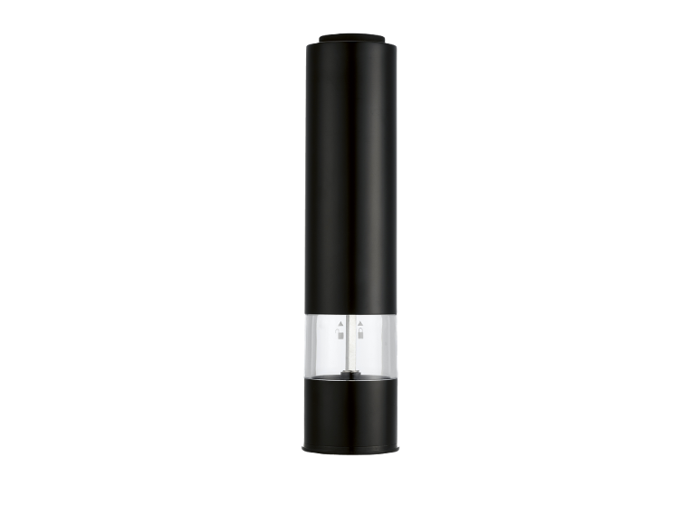 Black electric salt or pepper grinder with a transparent section.