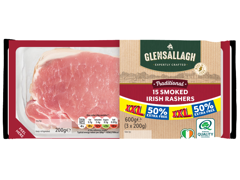 Pack of 15 smoked Irish bacon rashers with nutritional information and a quality seal.