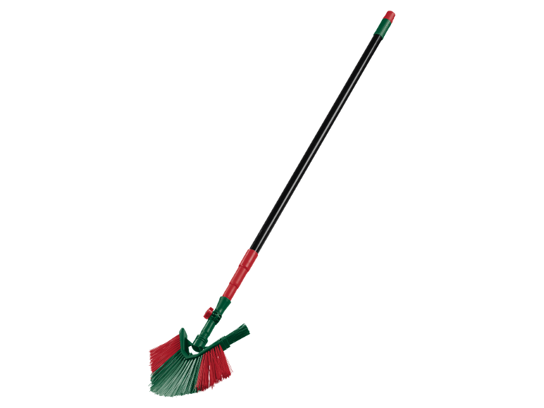 Garden broom with telescopic handle, featuring red and green bristles.