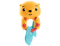 Yellow bear-shaped rattle with a red ring and a blue fish.
