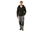 Man wearing a dark grey fleece jacket, grey work trousers with black knee pads, and black work boots.