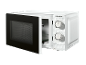 White microwave with an open door and manual controls.
