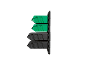 Four storage bins, two green and two black, stacked vertically on a black rack.