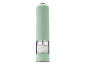 Light green electric salt or pepper grinder with a transparent section filled with salt.