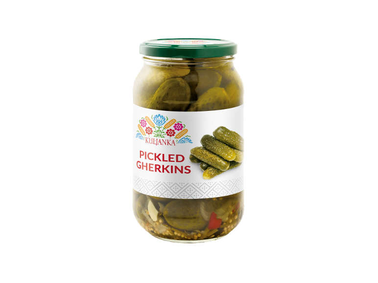Jar of pickled gherkins with a folk-art inspired label.