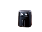 A black air fryer with silver control knobs on a black background.