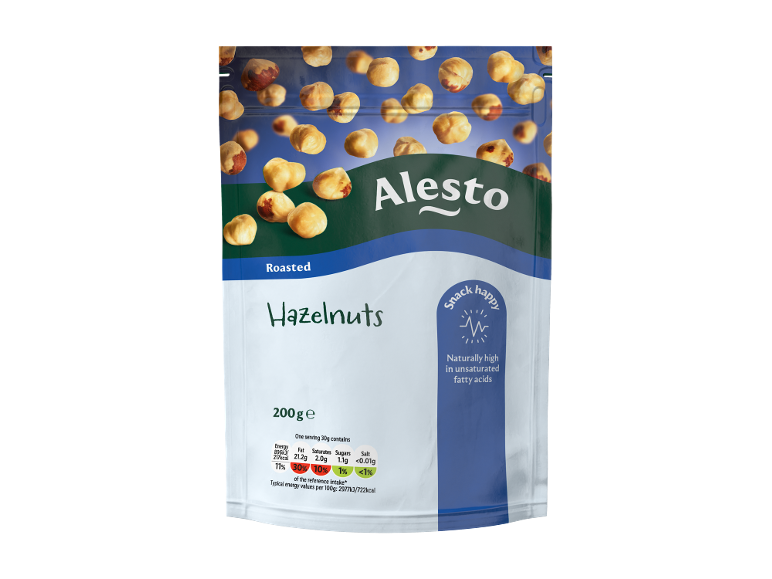 Roasted hazelnuts in packaging with nutritional information.