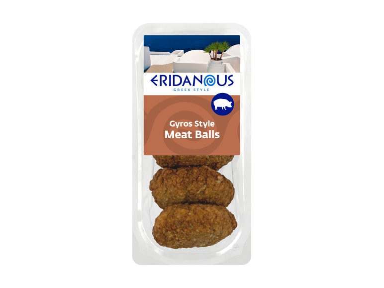 Packaged gyros style meat balls, with a Greek landscape and a pig in the background.