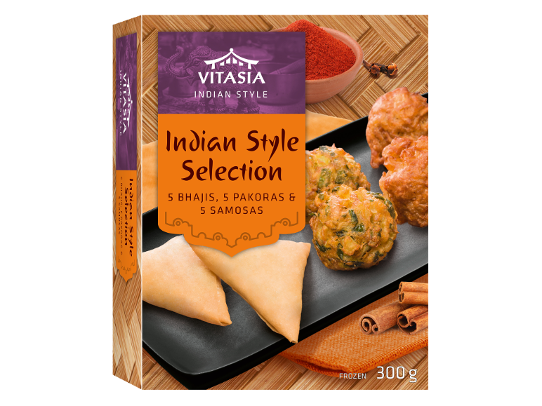 Indian style selection box with 5 bhajis, 5 pakoras, and 5 samosas, frozen, 300g.