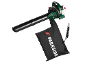 Green and black leaf blower with a black collection bag featuring white text