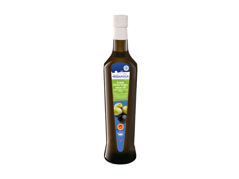 Bottle of Greek extra virgin olive oil with green and black olives.