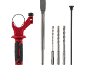 Rotary hammer accessory set with chisel, drill bits, and depth rod.