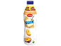 XXL peach and passion fruit drink with a straw, featuring fruit illustrations and a recycling logo.