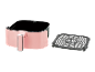 Pink air fryer with a removable black cooking rack on a black background