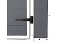 Close-up of a gray barn door with a white frame and a black hinge.