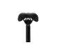 Black bicycle saddle with a seat post on a black background.