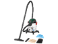 Wet and dry vacuum cleaner with accessories: crevice tool, brush, bag, and filter.