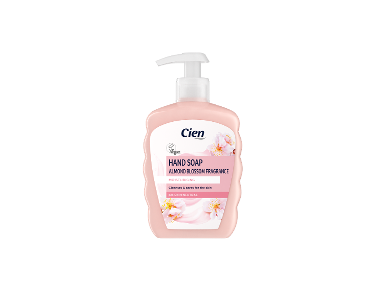 Pink hand soap with almond blossom fragrance, moisturizing, pH-skin neutral, and vegan.