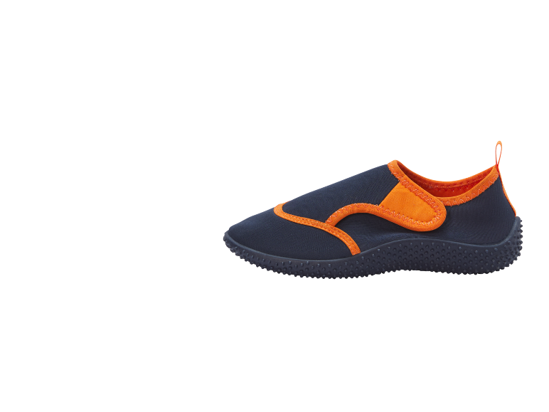 Navy blue water shoes with orange trim and a rubber sole.