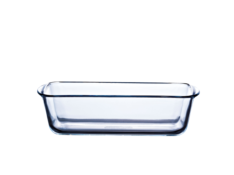 Transparent glass baking dish on a white background.