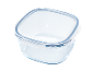 Rectangular glass food storage container with a clear lid and blue seal.