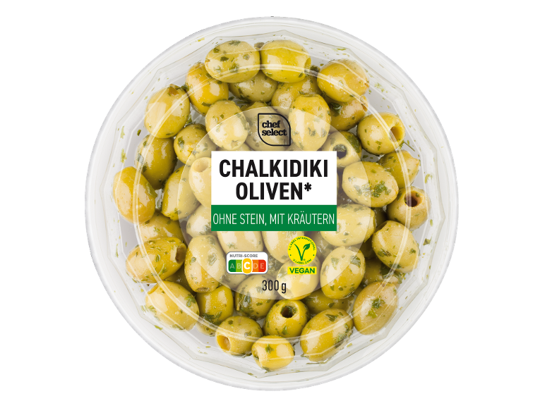 Chalkidiki olives without pits, with herbs, 300g, Nutri-Score A, vegan