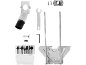 A set of router accessories including a dust extraction adapter, wrench, guide rods, and router bits.