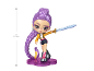 A 4-inch purple-haired doll with a sword, standing on a glittery base.