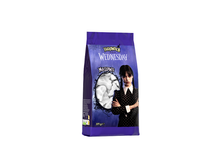 Halloween marshmallow bag with Wednesday theme, featuring the character's image.