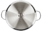 Stainless steel pot bottom with compatibility symbols for various cooktops.