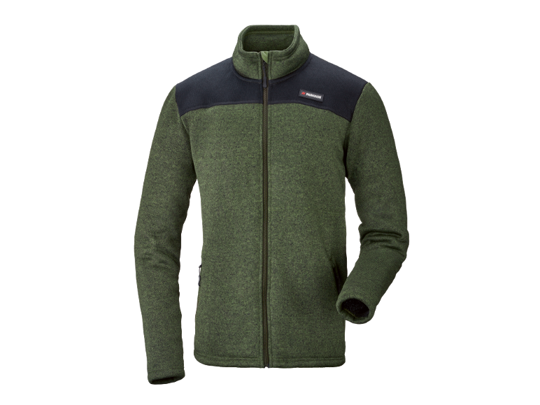 Men's green fleece jacket with black shoulder panels and a zipper.