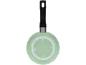 Frying pan with a handle and a light green bottom featuring cooking pictograms.
