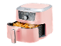 Pink air fryer with french fries and a digital display showing 180 °C.