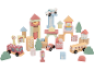 Wooden block set with buildings, vehicles, and road signs.