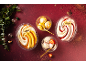 Christmas-themed image of three desserts and two bowls of ice cream on a red background.