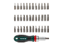 Screwdriver set with a handle and 32 bits for various screw types.