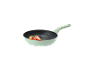 Mint green frying pan with chopped vegetables inside.