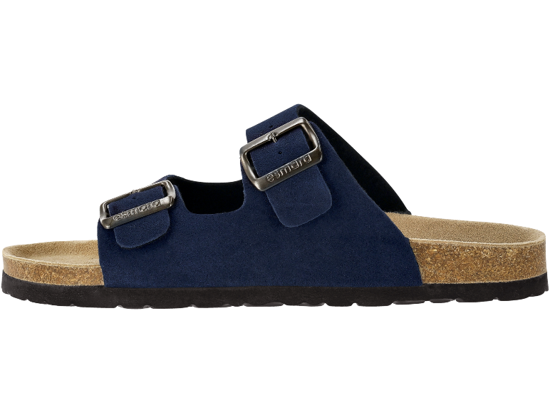 Blue sandals with two buckles and a cork sole.