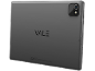 Dark grey tablet with a rear camera, side ports, and informational text on the back.