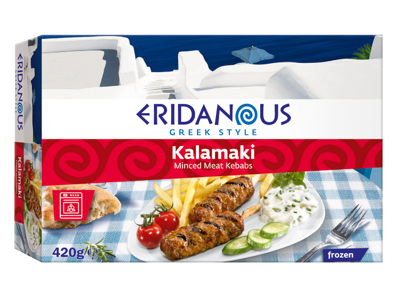 Kalamaki minced meat kebabs with fries and sauce, on Greek style packaging.