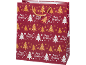 Red Christmas gift bag with gold and white trees and 'Merry Christmas' text.