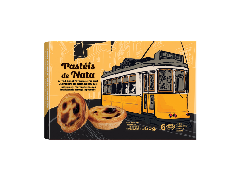 Box of Pastéis de Nata with a Lisbon tram and the text 'A Traditional Portuguese Product'.